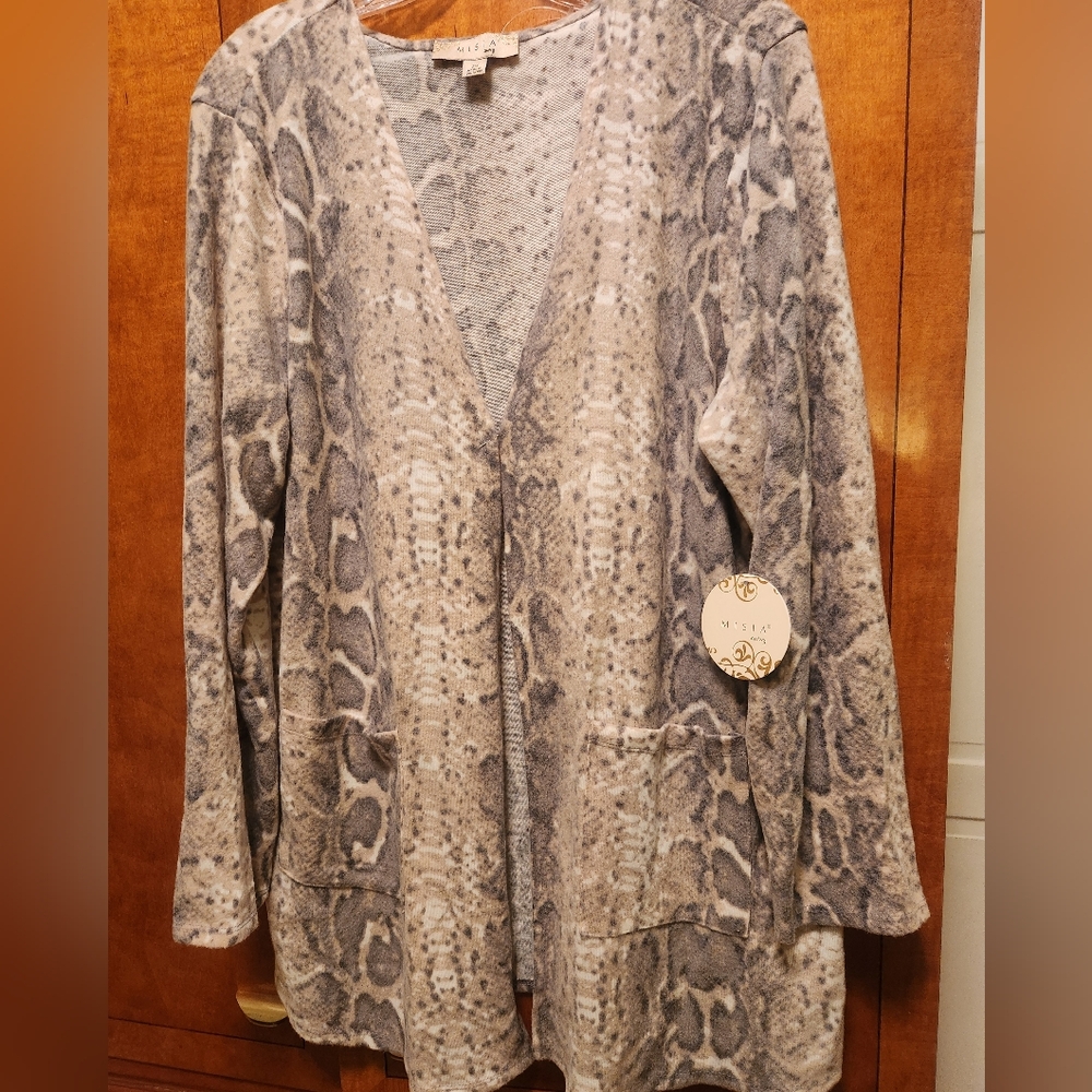 NEW soft snake print long cardigan, gray, taupe and off white
